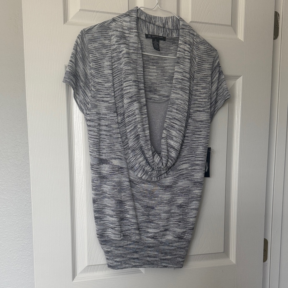 INC International Concepts petite Gray Marled Cowl Neck Short Sleeve Sweater